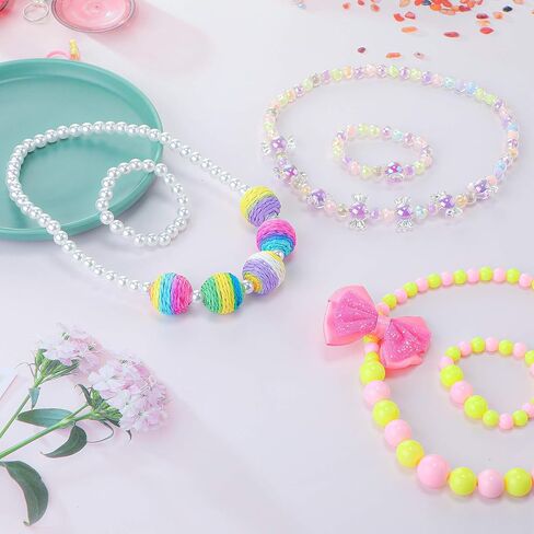 6 Sets Play Jewelry for Little Girls Princess Necklace Bracelet Set Includes Kid Beaded Necklace Bracelet with 8 Rings for Toddler Christmas Birthday Party Favors Cosplay(Mermaid, Rainbow Style) in Saudi Arabia