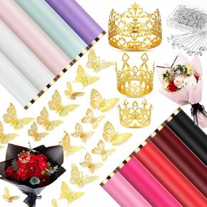 Qeeenar 40 Sheets Flower Bouquet Wrapping Paper Waterproof Florist Bouquet Packaging Paper with 3 Pcs Crowns 48 Pcs 3D Butterflies Decor 100 Pcs Bouquet Pins for Flower Gift Packaging (Bright Color)