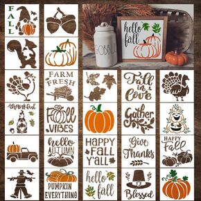 24 Pc Fall Stencils for Painting on Wood 3 inch - Holiday and Fall Stencils for Crafts Reusable for DIY Decoration Ornaments Cards Signs Fabric Windows - Gnome Pumpkin Farm Fresh & Hello Fall Stencil