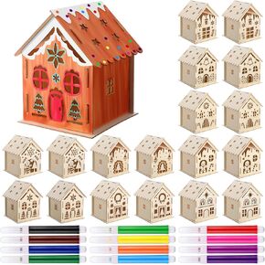 Kathfly 18 Sets Wooden Christmas Houses and Watercolor Pens, Christmas Graffiti Crafts Gingerbread Wooden Houses Christmas Tree Ornaments for Kids DIY Paint Art