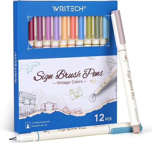 أقلام ألوان حبر مائية من WRITECH Arts Sign Brush Pen وفرشاة ذات طرف لباد و12 لونًا باستيلًا متنوعًا رائعة للحروف والمجلات والخط (طبيعي) in Kuwait