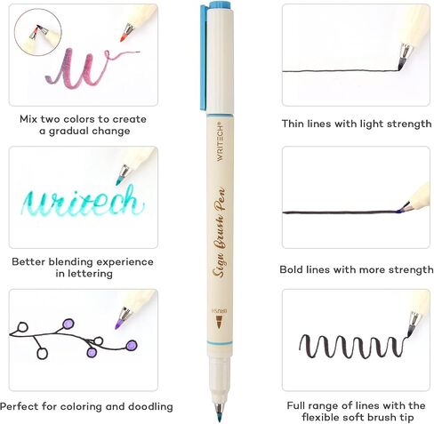 أقلام ألوان حبر مائية من WRITECH Arts Sign Brush Pen وفرشاة ذات طرف لباد و12 لونًا باستيلًا متنوعًا رائعة للحروف والمجلات والخط (طبيعي) in Kuwait