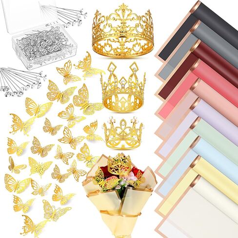 40 ورقة من ورق تغليف باقة الزهور من Qeenar، ورق تغليف باقة زهور مقاوم للماء مع 3 قطع تيجان، 48 قطعة ديكور فراشات ثلاثية الأبعاد، 100 قطعة من دبابيس باقة لتغليف هدايا الزهور (لون رومانسي) in Kuwait