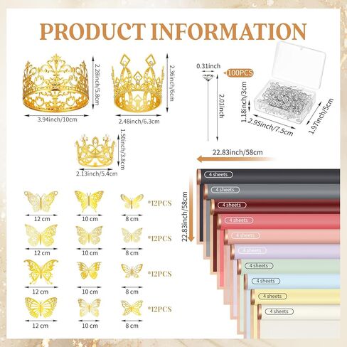 40 ورقة من ورق تغليف باقة الزهور من Qeenar، ورق تغليف باقة زهور مقاوم للماء مع 3 قطع تيجان، 48 قطعة ديكور فراشات ثلاثية الأبعاد، 100 قطعة من دبابيس باقة لتغليف هدايا الزهور (لون رومانسي) in Kuwait