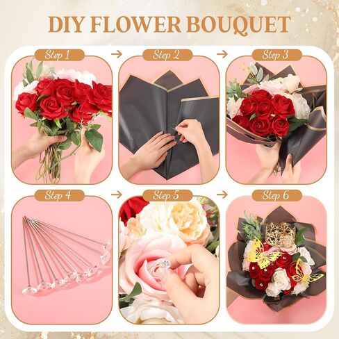 40 ورقة من ورق تغليف باقة الزهور من Qeenar، ورق تغليف باقة زهور مقاوم للماء مع 3 قطع تيجان، 48 قطعة ديكور فراشات ثلاثية الأبعاد، 100 قطعة من دبابيس باقة لتغليف هدايا الزهور (لون رومانسي) in Kuwait