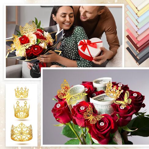 40 ورقة من ورق تغليف باقة الزهور من Qeenar، ورق تغليف باقة زهور مقاوم للماء مع 3 قطع تيجان، 48 قطعة ديكور فراشات ثلاثية الأبعاد، 100 قطعة من دبابيس باقة لتغليف هدايا الزهور (لون رومانسي) in Kuwait