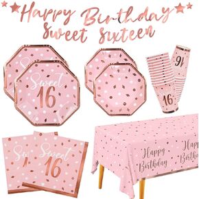 Rose Gold & Pink Sweet 16 Birthday Bundle: Party Supplies Set with paper Plates, Napkins, Cups, Tablecloth & Banner - Sweet Sixteen Decorations, Party Favors ，Serves 25 in Kuwait