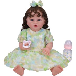 Reborn Baby Dolls, 22" Realistic Newborn Baby Doll with Soft Full Body Vinyl Silicone for Girls, Lifelike Real Life Baby Dolls with Colorful Cartoon Pattern Dress for Kids Aged 3+