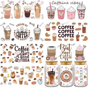 UV DTF Cup Wrap - 8 Sheets Coffee UV DTF Cup Wraps for 16 oz, Cake Drink Milk Tea Uvdtf Decals, Waterproof Ice Cream Rub on Transfer Stickers for Glass, DIY Wood Crafts