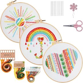 Konrisa Easy Embroidery Kit for Beginners Stamped Embroidery Starter Kit DIY Sewing Needlepoint Cross Stitch for Kids & Adults, Stitch Practice Kit 3 Embroidery Fabric Pattern
