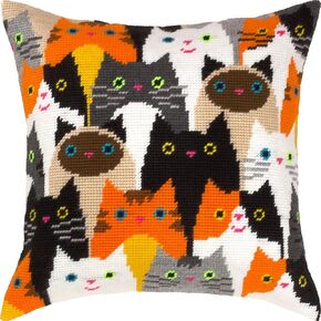 Brvsk Ferine Needlepoint Kit for Adults and Beginners — Puzzle of Cats 16″ × 16″ with Clear, Precise Printed Design on Cotton Canvas; Includes 2 Needles, Yarn, and Easy-Read Chart