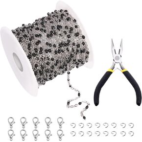 Tanstic 42Pcs 16.4Feet/5M Beaded Silver Chain Kit, Stainless Steel Pink Bead Link Chain, Rosary Chain Bulk with Lobster Clasps, Jump Rings and Pliers for Bracelet Necklace Jewelry Making