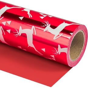 WRAPAHOLIC Reversible Christmas Wrapping Paper - Mini Roll - 17 Inch X 33 Feet - Red White Snowflakes and Reindeer Design for Holiday, Party, Celebration