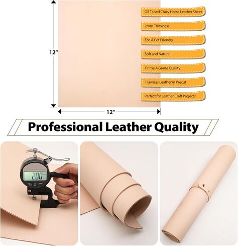 JinRuiKJ A Grade Tooling Leather Square 1.8-2.0MM Thick, Vegetable Tanned Leather Pieces Precut 8"x12", Full Grain Veg Tan Leather Sheets for for Tooling, Carving, Dyeing and Embossing in Kuwait