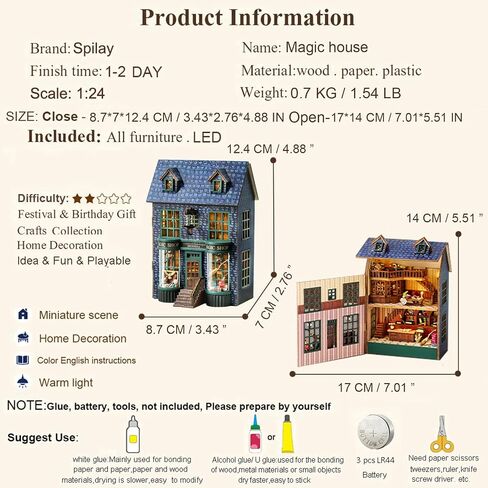 Spilay Dollhouse DIY Miniature Wooden Furniture Kit,Mini Handmade Doll House with LED,1:24 Scale Creative Woodcrafts Gift for Adult Friend in Saudi Arabia