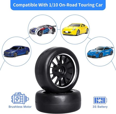 AllinRC PreGlued Aluminum 12mm Hex RC Wheels and Tires OD 2.56" for 1/10 On-Road Touring Car RC Drift Car, Set of 4 (Edition C) in Kuwait