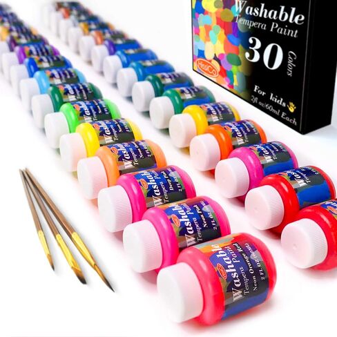 HissiCo Washable Tempera Paint for Kids,30 Colors (2 oz Each) Liquid Poster Paint with 3 Brushes, Non-Toxic Kids Paint with Fluorescent Glitter Metallic Neon Colors for Finger Painting, Hobby Painters in Saudi Arabia