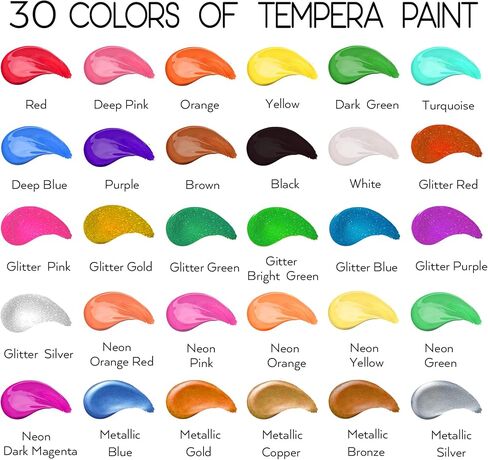 HissiCo Washable Tempera Paint for Kids,30 Colors (2 oz Each) Liquid Poster Paint with 3 Brushes, Non-Toxic Kids Paint with Fluorescent Glitter Metallic Neon Colors for Finger Painting, Hobby Painters in Saudi Arabia