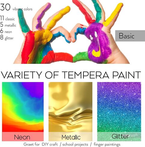 HissiCo Washable Tempera Paint for Kids,30 Colors (2 oz Each) Liquid Poster Paint with 3 Brushes, Non-Toxic Kids Paint with Fluorescent Glitter Metallic Neon Colors for Finger Painting, Hobby Painters in Saudi Arabia