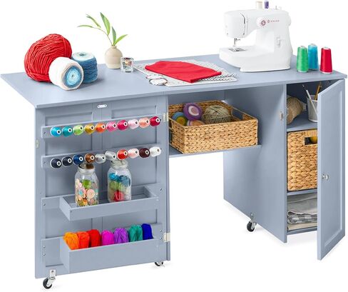 Best Choice Products Large Folding Sewing Table, Multipurpose Portable Craft Station & Side Desk w/Compact Design, Caster Wheels, Storage Shelves, 2 Storage Trays, Magnetic Doors - Light Green in Kuwait