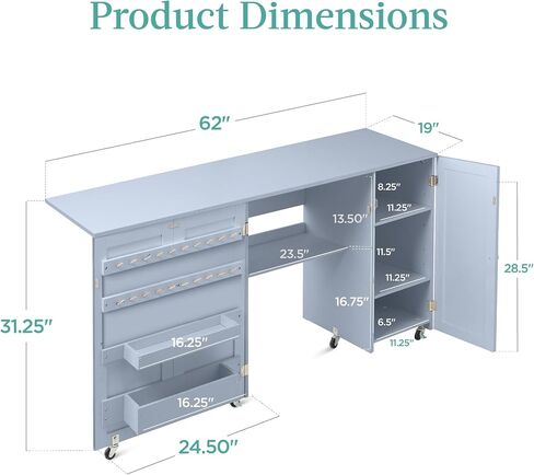 Best Choice Products Large Folding Sewing Table, Multipurpose Portable Craft Station & Side Desk w/Compact Design, Caster Wheels, Storage Shelves, 2 Storage Trays, Magnetic Doors - Light Green in Kuwait