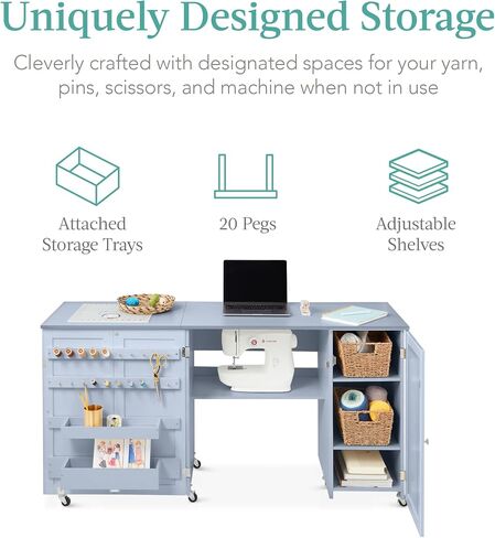 Best Choice Products Large Folding Sewing Table, Multipurpose Portable Craft Station & Side Desk w/Compact Design, Caster Wheels, Storage Shelves, 2 Storage Trays, Magnetic Doors - Light Green in Kuwait