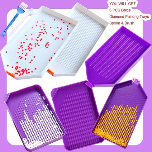 6 قطع كبيرة من منظم صينية الرسم الماسي، صواني بلاستيكية للخرز، إكسسوارات فنية ماسية، أدوات منقطة من حجر الراين للحرف الفنية للأحجار الكريمة (6 صواني، ملعقة واحدة) in Kuwait