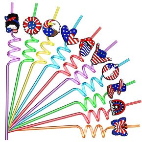 JANYUN 20Pcs Reusable Patriotic Plastic Straws, Veterans Day Party Favors Accessories Red White Blue Drinking Straws for Independence Day, Veterans Day Party Supplies Decorations