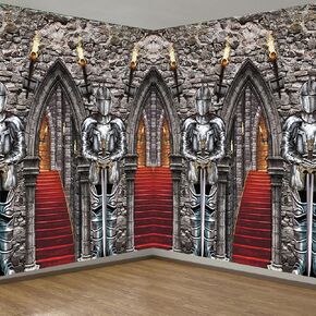 Tiamon Medieval Knight Party Photography Backdrop Medieval Plastic 3D Backdrop Halloween Knight Castle Entrance Photo Booth Prop Medieval Tablecloths for Halloween Birthday Party Decor(3 Pack)