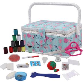 Sewing Basket with Sewing for Girls/Kids/Beginners Colour Fabric Design Sewing Kit Accessories Large Sewing Box Sewing Supplies Organizer and Storage Portable Kit Embroidery Box 12.2 * 9.06 * 6.69 in