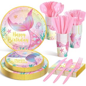 Meanplan Serves 24 Guests Butterfly Fairy Happy Birthday Plates and Napkins Birthday Baby Shower Party Decorations for Girls Included Cups Knives Forks Spoons Total 168 Pcs (Mermaid Style)