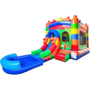 Inflatable Bounce House with Slide for Kids - 26.5 x 12 x 14.5 Foot Backyard Building Block Combo Bouncer with Water Pool, Outdoor Jumpers - includes Blower, Anchor Stakes, and Storage Bag