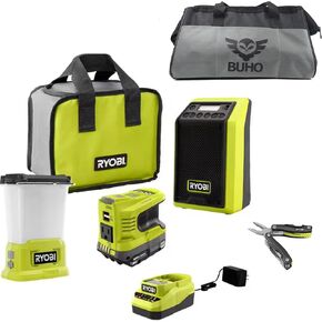 Buho Cordless 4-Tool Storm Ready Accessory Bundle - Ryobi Bluetooth Radio Area Light Power Inverter Multi Tool 2.0 Ah Battery 18 Volt Charger Tool Bag