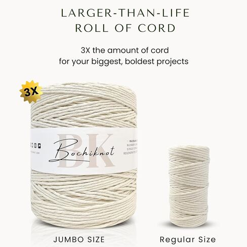 BOCHIKNOT Macrame Cord 3mm x 650yds Bulk Roll - Natural Single Strand Macrame Cotton Cord - Macrame Supply - Large Roll of Macrame Cotton Rope for Knotting, Wall Hangings, Plant Hangers (Natural) in Saudi Arabia