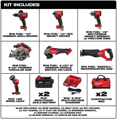 Milwaukee M18 FUEL 18V Lithium-Ion Brushless Cordless Combo Kit with Two 5.0 Ah Batteries, 1 Charger, 2 Tool Bags (7-Tool) in Saudi Arabia