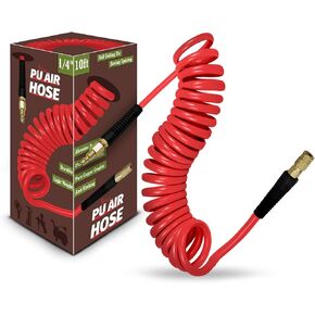 1/4 in x 25 ft Polyurethane Air Hose with Bend Restrictor, Air Compressor Hose with 1/4 Solid 100% Pure Copper Quick Connect Fittings and I/M Plug Kit, Coiled PU Air Hose 1/4", Blue