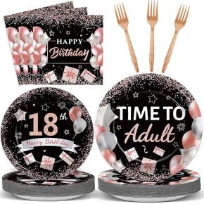 gisgfim 96 Pcs 18th Birthday Plates and Napkins Party Supplies Rose Gold Black Time To Adult 18th Birthday Party Tableware Set 18 Years Old Birthday Decorations Favors Girls for 24 Guests