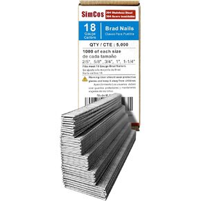 18 Gauge 304 Stainless Steel Brad Nails (1-1/4",1",3/4",5/8",2/5 inch) 5000 pcs 18 GA Nail Gun Nails Assorted and Small Finishing Nails for Pneumatic, Electric Brad Nailer