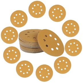 5-Inch 8-Hole Hook and Loop Gold Sanding Discs, Box of 50 Sandpaper Include 60 80 120 150 and 220 Grits