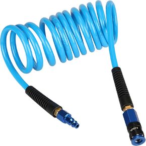 Heavy Duty Polyurethane Recoil Air Hose 1/4 in x 10 ft, Lightweight, Flexible Compressor Hose with Universal Quick Coupler, Plug and Bend Restrictors, Gray