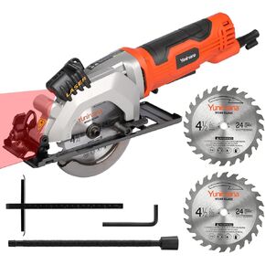 4Amp 3500RPM Mini Circular Saw with Laser Guide, Vacuum Adapter, Blade Wrench and Rip Guide, Max. Cutting Depth1-5/8"(90°), 1-1/10"(45°）Compact Saw with 2 pcs 4-1/2" 24T TCT Blades