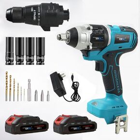 NEWONE 20V Crodless Impact Wrench and Drill Set,2-Tool Kit with 2.0AH Battery and Charger,Brushless Motor,8pcs Drill/Driver Bits,4 Sockets(Black Blue)