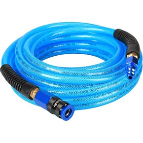 Heavy Duty Reinforced Polyurethane Air Hose 1/4 in x 100 ft, Lightweight, Flexible Compressor Hose with Universal Quick Coupler, Plug and Bend Restrictors, Blue
