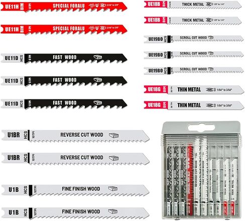 FOXBC 16PCS U-Shank Jig Saw Blade Set for Wood Plastic Metal Cutting, Compatible with Bosch DEWALT SKIL Black and Decker Jigsaw Blades U Shank includes 6T 8T 10T 17T 24T 36T with Case in Kuwait