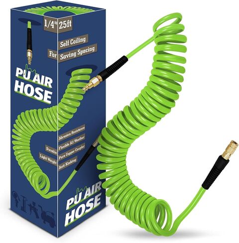 1/4 in x 25 ft Polyurethane Air Hose with Bend Restrictor, Air Compressor Hose with 1/4 Solid 100% Pure Copper Quick Connect Fittings and I/M Plug Kit, Coiled PU Air Hose 1/4", Blue in Saudi Arabia