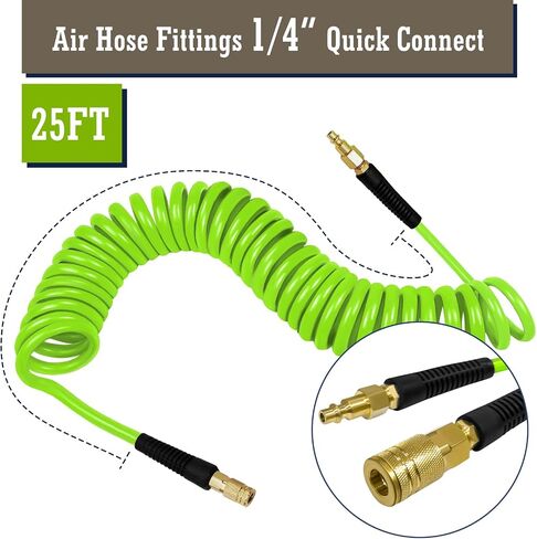 1/4 in x 25 ft Polyurethane Air Hose with Bend Restrictor, Air Compressor Hose with 1/4 Solid 100% Pure Copper Quick Connect Fittings and I/M Plug Kit, Coiled PU Air Hose 1/4", Blue in Saudi Arabia