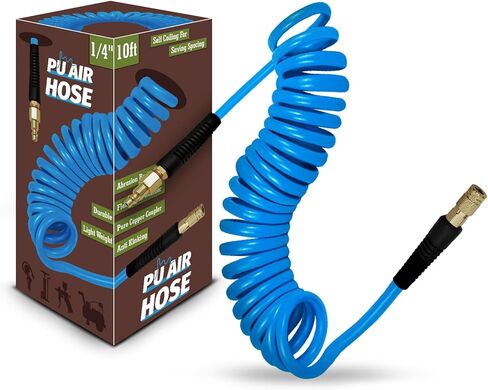 1/4 in x 25 ft Polyurethane Air Hose with Bend Restrictor, Air Compressor Hose with 1/4 Solid 100% Pure Copper Quick Connect Fittings and I/M Plug Kit, Coiled PU Air Hose 1/4", Blue in Saudi Arabia