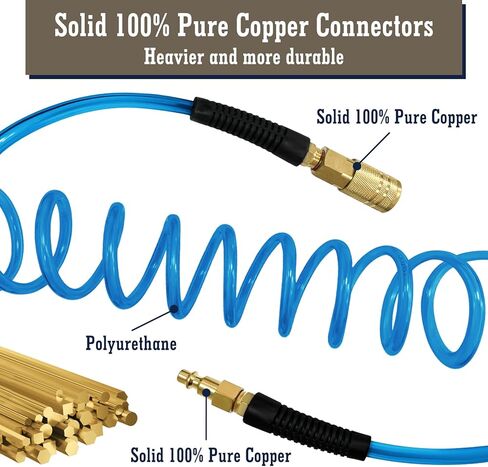 1/4 in x 25 ft Polyurethane Air Hose with Bend Restrictor, Air Compressor Hose with 1/4 Solid 100% Pure Copper Quick Connect Fittings and I/M Plug Kit, Coiled PU Air Hose 1/4", Blue in Saudi Arabia