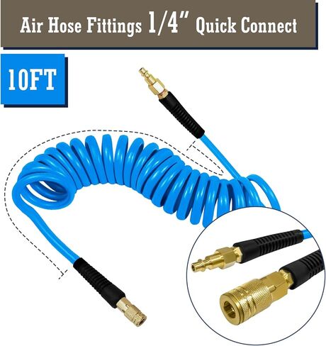 1/4 in x 25 ft Polyurethane Air Hose with Bend Restrictor, Air Compressor Hose with 1/4 Solid 100% Pure Copper Quick Connect Fittings and I/M Plug Kit, Coiled PU Air Hose 1/4", Blue in Saudi Arabia