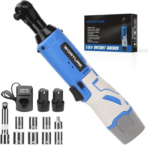 Cordless Electric Ratchet Wrench, 40N.m 12V Power Ratchet Tool Kit with 2 * 2000mAh Lithium-ion Batteries, 1 * Fast Charger, 7 * Sockets, 1 * 1/4 Inch Adaptor, 1 * Extension Bar in Saudi Arabia